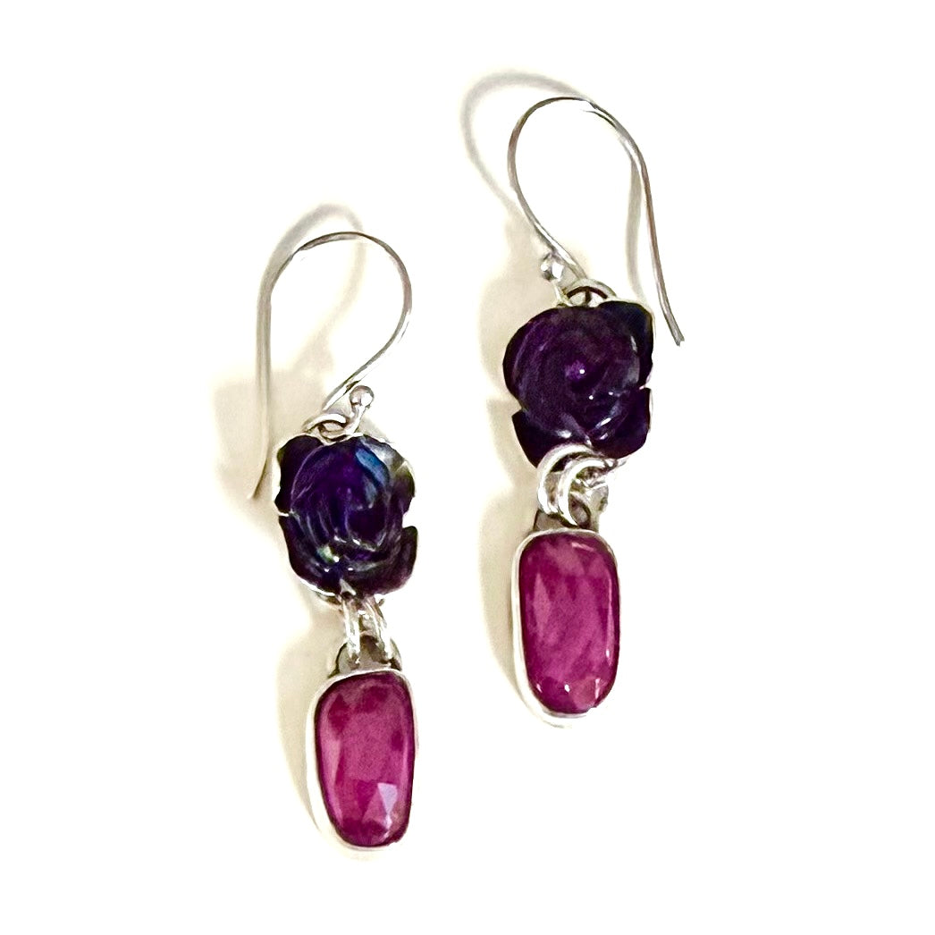 Amethyst Roses & Thailand Sapphire Earrings