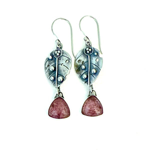 Sterling Leaves & Strawberry Quartz Earrings