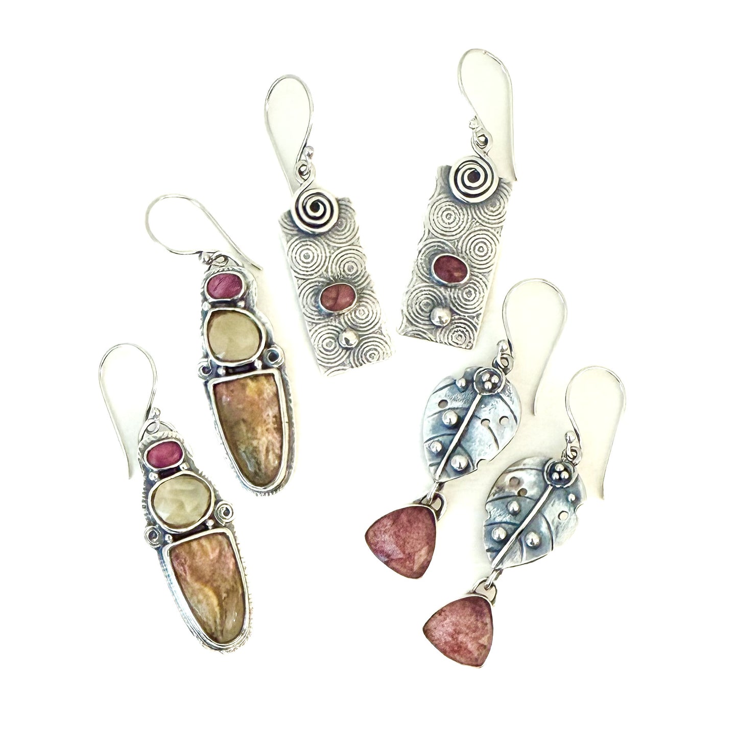 Sterling Leaves & Strawberry Quartz Earrings