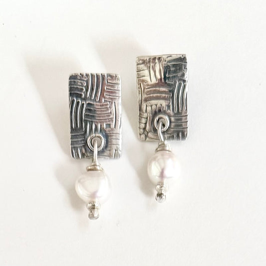 Sterling Weave and Pearl Earrings