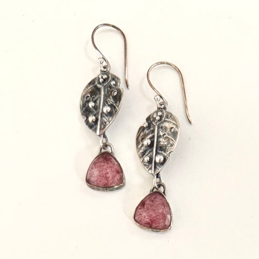Sterling Leaves & Strawberry Quartz Earrings