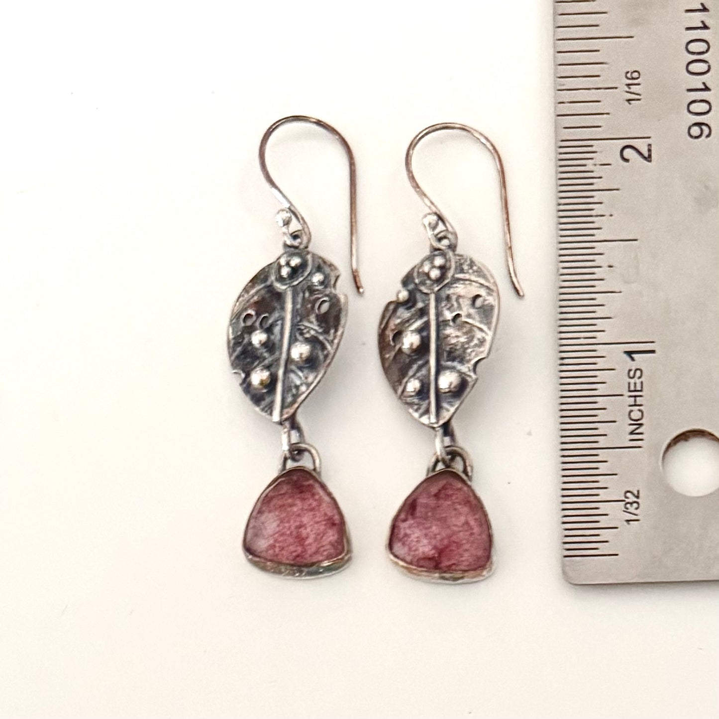 Sterling Leaves & Strawberry Quartz Earrings