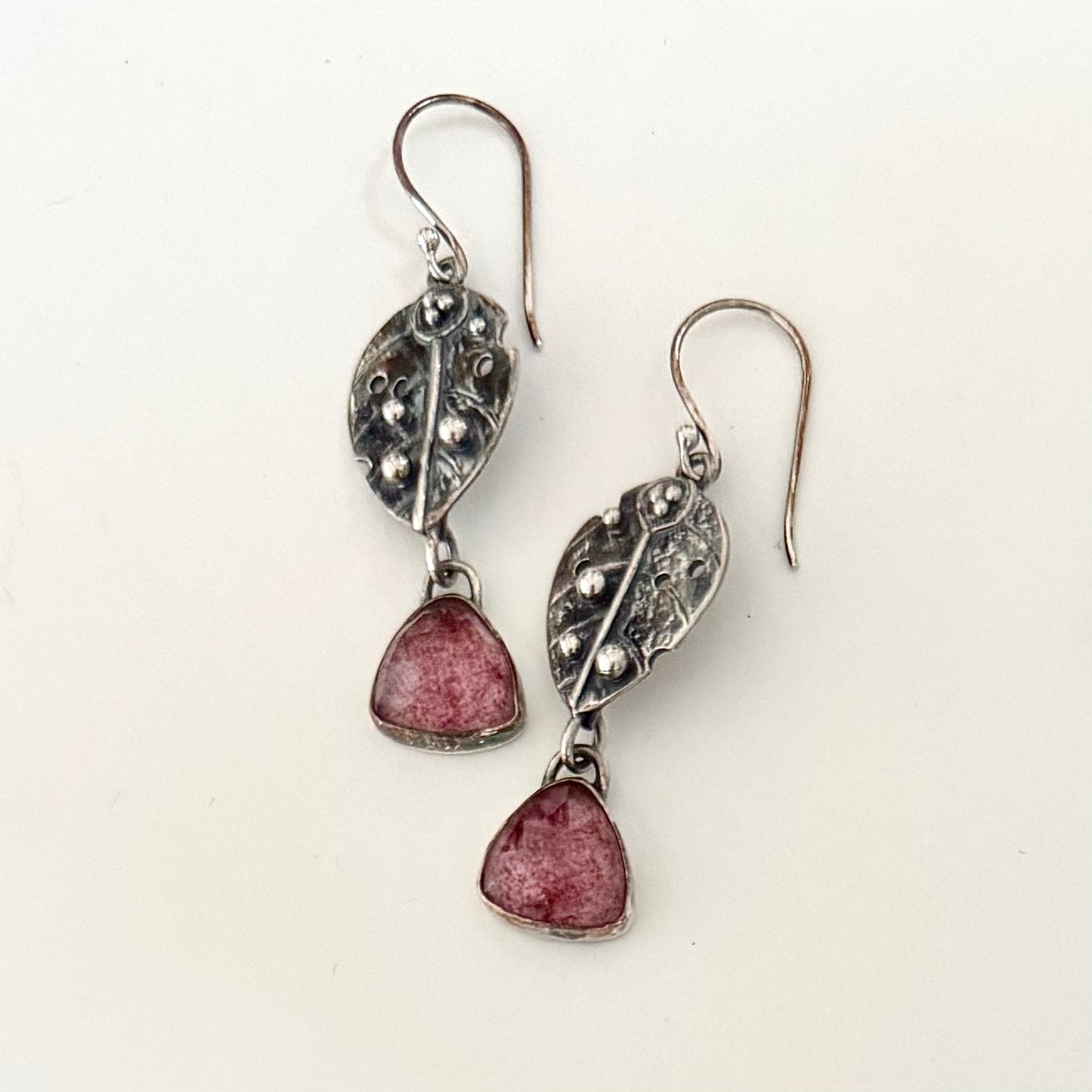Sterling Leaves & Strawberry Quartz Earrings